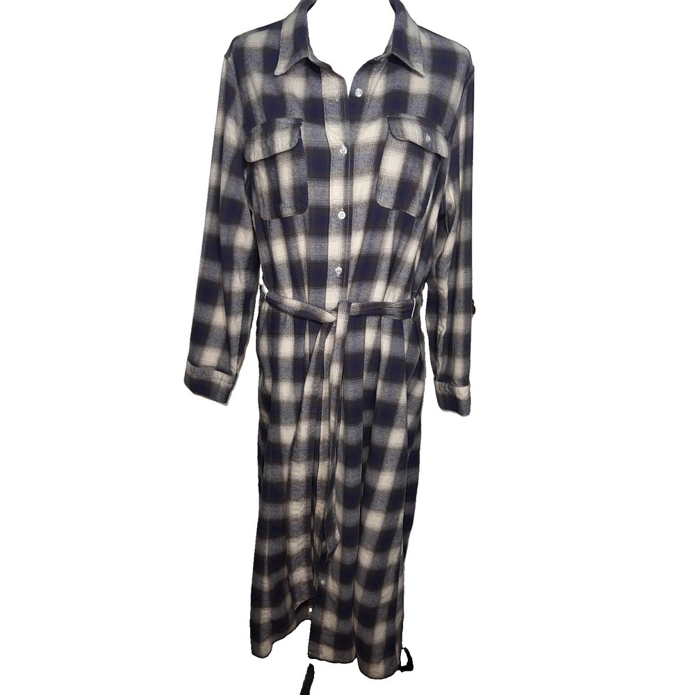 Cloth & Portrait Dress Women's XXL Brown Tan White Plaid Belted Shirt Dress Long